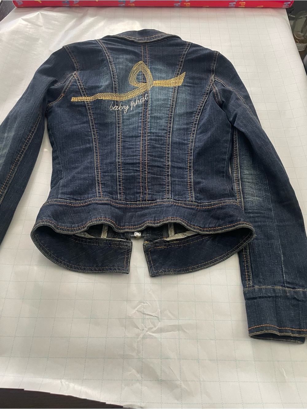 Baby Phat Dark Blue Denim Jacket and Skirt Set with Yellow Flamingo Detail - Picture 2 of 5